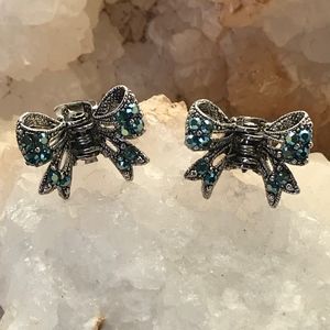 Rhinestone Hair Clip Bows - Blue/Green NWOT